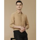 Men's Pure Linen Brown Solid Contemporary Fit Full Sleeve Casual Shirt