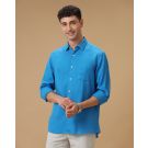 Men's Pure Linen Blue Solid Contemporary Fit Full Sleeve Casual Shirt
