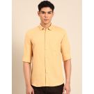 Linen Club Men's Linen Rich Yellow Solid Contemporary Fit Full Sleeve Casual Shirt