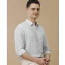 Men's Linen Rich Blue Printed Contemporary Fit Full Sleeve Casual Shirt