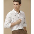 Men's Linen Rich White Printed Contemporary Fit Full Sleeve Casual Shirt