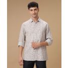 Men's Pure Linen Grey Printed Contemporary Fit Full Sleeve Casual Shirt