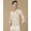 Men's Pure Linen Beige Printed Contemporary Fit Full Sleeve Casual Shirt