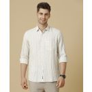 Men's Pure Linen Green Striped Contemporary Fit Full Sleeve Sleeve Casual Shirt