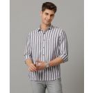 Men's Linen Rich Grey Striped Contemporary Fit Full Sleeve Sleeve Casual Shirt
