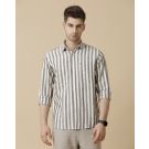 Men's Linen Rich Grey Striped Contemporary Fit Full Sleeve Sleeve Casual Shirt