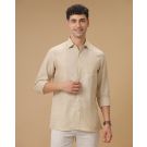 Men's Pure Linen Beige Striped Contemporary Fit Full Sleeve Casual Shirt