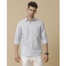 Men's Pure Linen Blue Striped Contemporary Fit Full Sleeve Casual Shirt