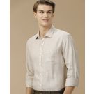 Men's Pure Linen Beige Striped Contemporary Fit Full Sleeve Casual Shirt