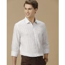 Men's Pure Linen Blue Striped Contemporary Fit Full Sleeve Casual Shirt
