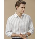 Men's Pure Linen Blue Striped Contemporary Fit Full Sleeve Casual Shirt