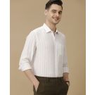 Men's Pure Linen White Striped Contemporary Fit Full Sleeve Casual Shirt