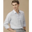 Men's Pure Linen Blue Striped Contemporary Fit Full Sleeve Casual Shirt