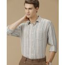 Men's Pure Linen Green Striped Contemporary Fit Full Sleeve Casual Shirt