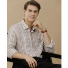 Men's Pure Linen Brown Striped Contemporary Fit Full Sleeve Casual Shirt