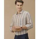 Men's Pure Linen Brown Striped Contemporary Fit Full Sleeve Casual Shirt