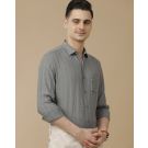 Men's Pure Linen Grey Striped Contemporary Fit Full Sleeve Casual Shirt