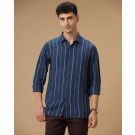 Men's Pure Linen Navy Striped Contemporary Fit Full Sleeve Casual Shirt