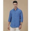 Linen Club Men's Pure Linen Blue Striped Contemporary Fit Full Sleeve Casual Shirt