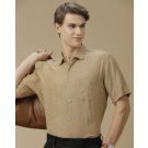 Men's Pure Linen Brown Solid Contemporary Fit Half Sleeve Casual Shirt