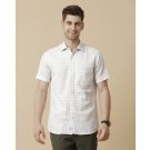 Men's Pure Linen Blue Checked Contemporary Fit Half Sleeve Casual Shirt