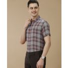 Men's Pure Linen Purple Checked Contemporary Fit Half Sleeve Casual Shirt