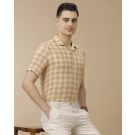 Men's Pure Linen Brown Checked Contemporary Fit Half Sleeve Casual Shirt
