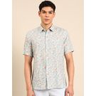 Linen Club Men's Linen Rich Grey Printed Contemporary Fit Half Sleeve Casual Shirt