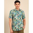 Linen Club Men's Linen Rich turquoise Blue Printed Contemporary Fit Half Sleeve Casual Shirt