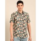 Linen Club Men's Linen Rich Green Printed Contemporary Fit Half Sleeve Casual Shirt