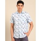 Linen Club Men's Linen Rich White Printed Contemporary Fit Half Sleeve Casual Shirt