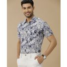Men's Linen Rich Blue Printed Contemporary Fit Half Sleeve Casual Shirt