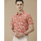 Men's Linen Rich Red Printed Contemporary Fit Half Sleeve Casual Shirt