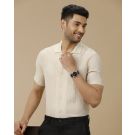 Men's Pure Linen Beige Solid Contemporary Fit Half Sleeve Casual Shirt