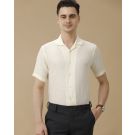 Men's Pure Linen Off White Solid Contemporary Fit Half Sleeve Casual Shirt