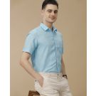 Men's Pure Linen Blue Solid Contemporary Fit Half Sleeve Casual Shirt