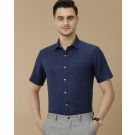 Men's Pure Linen Blue Solid Contemporary Fit Half Sleeve Casual Shirt