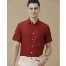 Men's Pure Linen Red Solid Contemporary Fit Half Sleeve Casual Shirt