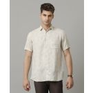 Men's Pure Linen Beige Printed Contemporary Fit Half Sleeve Sleeve Casual Shirt