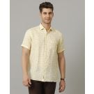 Men's Pure Linen Yellow Printed Contemporary Fit Half Sleeve Sleeve Casual Shirt