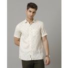 Men's Pure Linen Beige Printed Contemporary Fit Half Sleeve Sleeve Casual Shirt