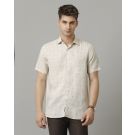 Men's Pure Linen Beige Printed Contemporary Fit Half Sleeve Sleeve Casual Shirt