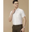 Men's Pure Linen White Printed Contemporary Fit Half Sleeve Casual Shirt