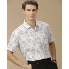 Men's Pure Linen White Printed Contemporary Fit Half Sleeve Casual Shirt