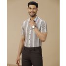 Men's Pure Linen Green Striped Contemporary Fit Half Sleeve Casual Shirt