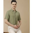 Men's Pure Linen Green Striped Contemporary Fit Half Sleeve Casual Shirt