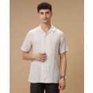 Men's Pure Linen Beige Striped Contemporary Fit Half Sleeve Casual Shirt