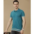 Men's Premium Blended Linen Turquoise Blue Solid Contemporary Fit Half Sleeve Polo Neck Casual T-Shirt