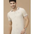 Men's Premium Blended Linen Beige Solid Contemporary Fit Half Sleeve Polo Neck Casual T-Shirt