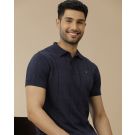 Men's Premium Blended Linen Navy Blue Striped Contemporary Fit Half Sleeve Polo Neck Casual T-Shirt